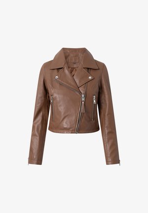 Brun læder bikerjakke med en cropped design, brede kraver, asymmetrisk lynlås lukning og to lynlåslommer. Blød tekstur.