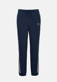 Σκούρο μπλε φόρμα με γκρι πλαϊνές λωρίδες, ελαστική μέση με κορδόνι, μανσέτες στους αστραγάλους και μικρό λευκό λογότυπο στον αριστερό μηρό.