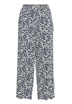 Pantalons larges en tissu léger, ornés d'un motif abstrait bleu marine et blanc, avec une taille élastique et une coupe ample pour le confort.