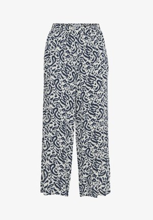Pantalons larges en tissu léger, ornés d'un motif abstrait bleu marine et blanc, avec une taille élastique et une coupe ample pour le confort.
