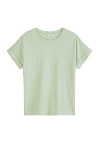Hellgrünes, kurzärmeliges T-Shirt aus weicher Baumwolle mit Rundhalsausschnitt und aufgerollten Ärmeln. Glatte Textur und minimales Design.