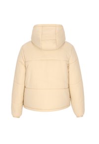 Jachetă bej cu umplutură și glugă, având secțiuni acoladate, mansete elastice și un design scurt. Textură netedă cu detalii de cusătură subtile.