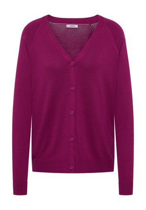 Cardigan violet à manches longues avec col en V et boutons, poignets et ourlet côtelés, étiquette "Cecil" à l'intérieur du col.
