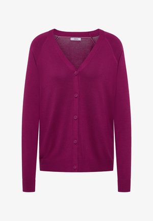 Cardigan viola a maniche lunghe con scollo a V e bottoni, polsini e orlo a costine, con etichetta "Cecil" all'interno del colletto.