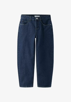 Jean en denim bleu foncé à coupe droite, avec bouton devant, braguette zippée, passants pour ceinture et design à cinq poches.