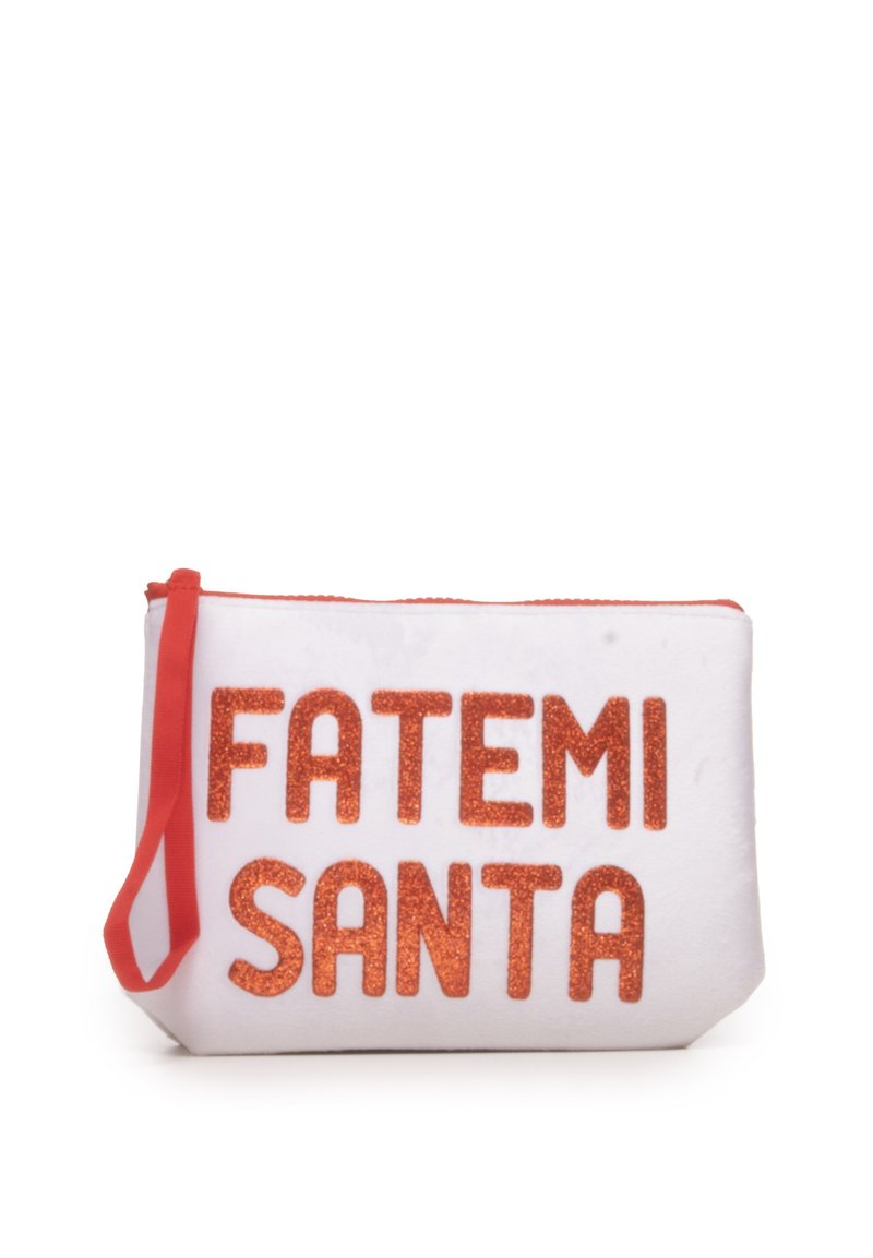 Sacca di stoffa bianca con zip rossa, decorata con la scritta glitterata arancione "FATEMI SANTA". Include un pratico manico rosso sul lato.