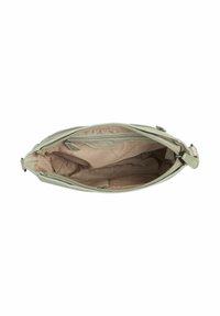 Borsa verde con chiusura a zip, tasca interna e superficie liscia. L'interno è beige con un marchio sottile. Design compatto e funzionale.