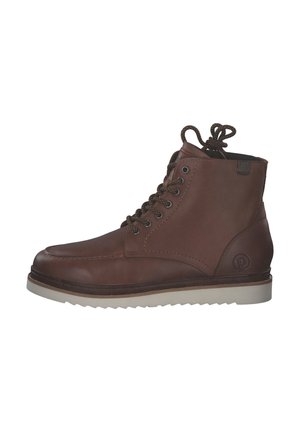 Brown leather ankle boots with round toe, lace-up front, textured surface, and a white rubber outsole. Features subtle logo detail.