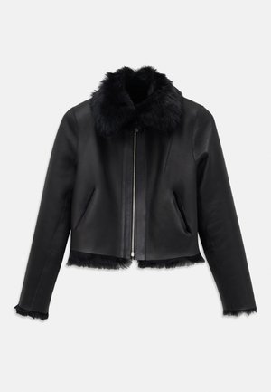 Black leather jacket with soft black fur trim on collar, cuffs, and hem, front zipper, and two side pockets, laid flat on white background.