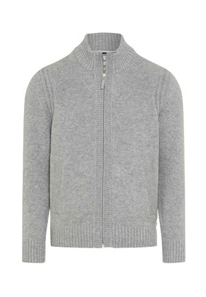 Light gray knitted cardigan with full front zipper, ribbed cuffs, hem, collar, and two front pockets.