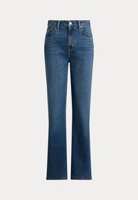 Τζιν από μπλε denim με ίσια γραμμή, μπροστινές τσέπες, θηλιές για ζώνη, κλείσιμο με κουμπί και διακριτικό ξεθώριασμα στους μηρούς και τα γόνατα.