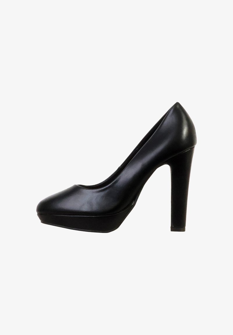 Escarpin en cuir noir à talon haut, bout arrondi et talon stiletto épais sur fond blanc uni.