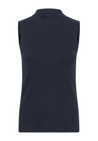 Laadukkaasta ribbikankaasta valmistettu tummansininen hihaton turtleneck-toppi, joka on tiukasti istuva ja sileä pinta. Ei näkyviä kuvioita tai koristeita.