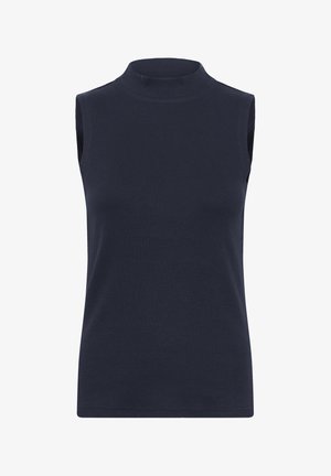 Top fără mâneci, de culoare bleumarin, dintr-un material cu riburi, având un design mulat și o textură fină. Fără modele sau ornamente vizibile.