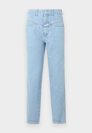 Light blue high-waist straight-leg jeans with front pockets, belt loops, a button closure, and "Pedal Pusher" text near the ankle hems.
