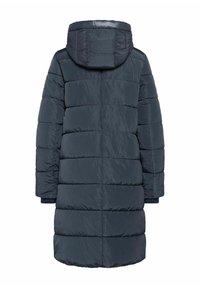 Dunkelblaue gepolsterte Jacke mit Kapuze, im gesteppten Design, langen Ärmeln und gerippten Bündchen. Glatte Textur und knielanger Schnitt.
