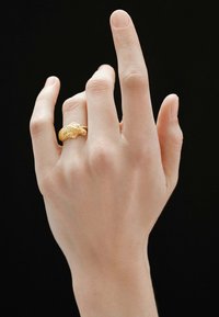 Anillo de oro con un diseño detallado de cabeza de animal. La mano está posicionada con un dedo extendido, mostrando la textura y el brillo del anillo.