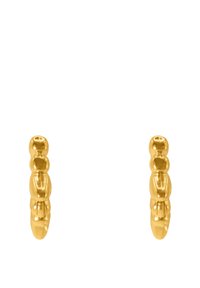 Goldfarbene Ohrringe verfügen über ein glattes, skulpturales Design mit wechselnden sphärischen Formen, die einem strukturierten,perlenartigen Muster ähneln.