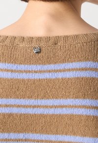 Dos d'une personne portant un pull en maille beige avec des rayures horizontales bleu clair et une petite étiquette ronde en métal de la marque au niveau du col.