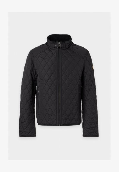 Veste matelassée noire avec fermeture éclair devant et col à boucle, conçue pour la chaleur et le style, avec manches longues et poches latérales.