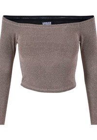 Bluzka z odkrytymi ramionami i długimi rękawami wykonana z metalicznej tkaniny w kolorze taupe. Charakteryzuje się krótkim krojem, gładką fakturą i czarną metką na dekolcie.