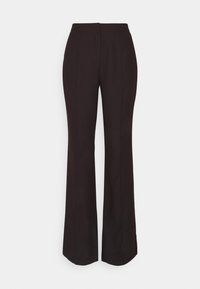 Zwarte op maat gemaakte flared broeken met een gladde textuur, voorzien van verticale plooien en een hoge taille, gemaakt van een lichtgewicht stof.