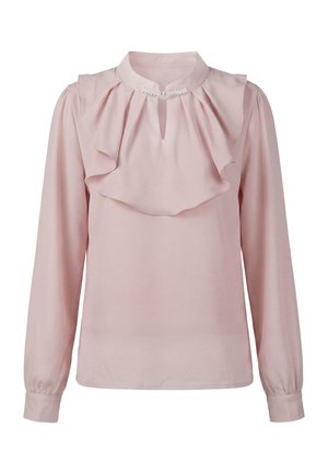 Lys pink bluse med lange ærmer, flæset front, perledetalje ved kraven, nøglehulsudskæring og manchetter med knapper.