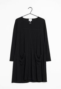 Svart, långärmad tunikaklänning med två framfickor, rundad halsringning och sidoseamdetaljering. Slät tyg med avslappnad passform.