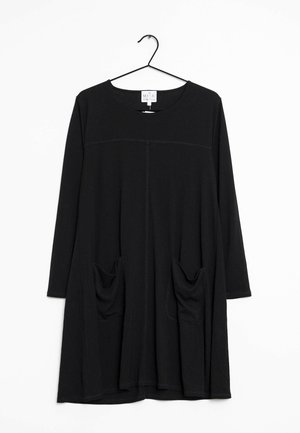 Schwarzes, langärmeliges Tunika-Kleid mit zwei Vordertaschen, rundem Ausschnitt und seitlichen Nahtdetails. Glatter Stoff mit lockerer Passform.