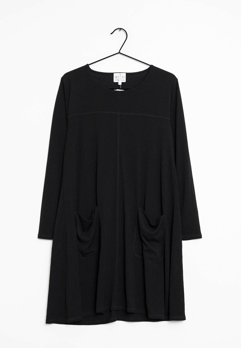 Svart, långärmad tunikaklänning med två framfickor, rundad halsringning och sidoseamdetaljering. Slät tyg med avslappnad passform.