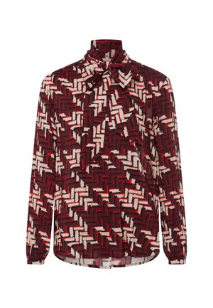 Langärmlige Bluse mit rot-weißem geometrischen Muster und Schleife am Kragen, aus leichtem Stoff, mit lockerer Passform.