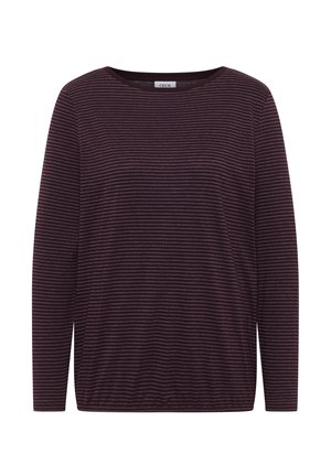 Langsleeve paarse en bordeaux gestreepte top met een ronde hals en een relaxte pasvorm. Heeft een zachte textuur en een eenvoudig ontwerp.