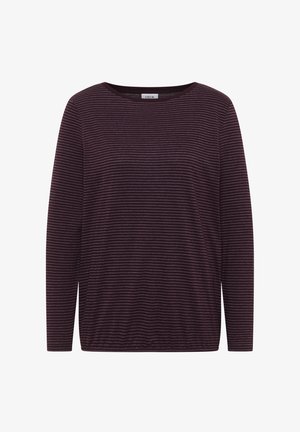 Maglietta a maniche lunghe a righe viola e bordeaux con collo rotondo e vestibilità rilassata. Presenta una texture morbida e un design semplice.