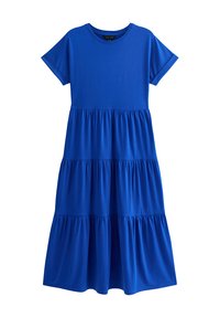 Blue short-sleeve dress made of soft fabric, featuring a tiered design with three flared sections and a round neckline.
