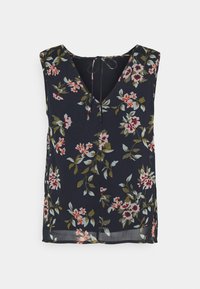 Mörkblå blommig ärmklänning med V-halsringning, som har flerfärgade blommor, en lätt textur och en knytning bak.