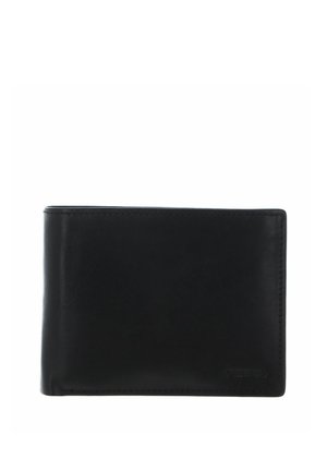 Portefeuille en cuir noir à texture lisse, design pliable en deux, avec des coutures apparentes le long des bords. Présente un logo de marque embossé à l'avant.