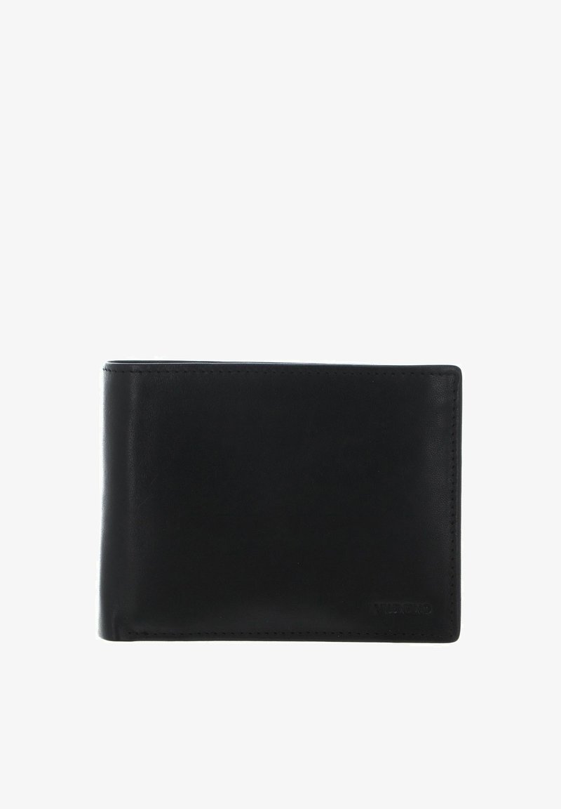 Portefeuille en cuir noir à texture lisse, design pliable en deux, avec des coutures apparentes le long des bords. Présente un logo de marque embossé à l'avant.