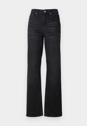 Čierne riflové široké nohavice s vysokým pásom, dizajnom s piatimi vreckami a strieborným kovovým gombíkom. Látka má hladkú textúru a jemný elastický pocit.