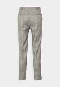 Gray plaid trousers with a tailored fit, featuring a smooth texture, back pockets, and a slight taper towards the ankles.