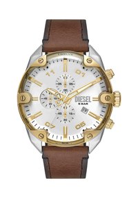 Férfi Diesel karóra fehér számlappal, aranyszínű részletekkel, három segédszámlappal, dátumablakkal és barna bőrszíjjal.