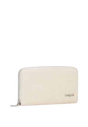 White leather wallet with a smooth texture, zip closure, and embossed logo. Rectangular shape with rounded corners. Minimalist design.