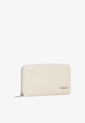 Bílá kožená peněženka s hladkým povrchem, zipovým uzávěrem a embosovaným logem. Obdélníkový tvar s zaoblenými rohy. Minimalistický design.
