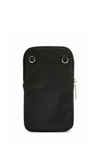 Czarna tkaninowa torebka o prostokątnym kształcie, z zamknięciem na suwak na górze oraz dwoma metalowymi pierścieniami na górze do mocowania. Gładka tekstura na całej powierzchni.