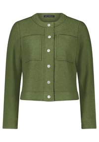 Olive green cropped jacket made of textured fabric, featuring a round neckline, front button closure, and two chest pockets with silver hardware.