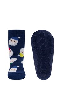 Knielange marineblaue Socken mit weißen Weihnachtsmann-Gesichtern und bunten Hüten. Die Sohle hat Grip-Punkte für besseren Halt. Aus weichem Strickmaterial.