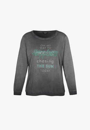 Dark gray long-sleeve shirt with round neck and turquoise and white text reading "On my way to happiness chasing the sun today."