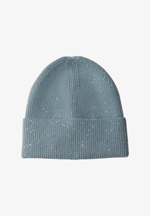 Berretto blu a coste con risvolto, caratterizzato da riflessi metallici per una maggiore texture e dettaglio. Materiale in tessuto morbido.