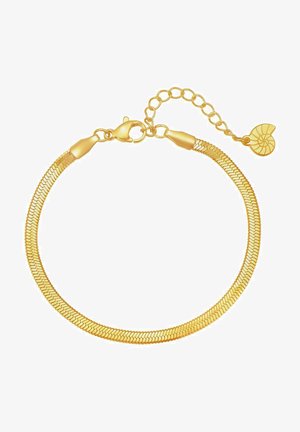 Bracelet doré avec un design flexible en maille, doté d'un fermoir en forme de homard et d'une chaîne ajustable avec un charm en forme de coquillage circulaire.