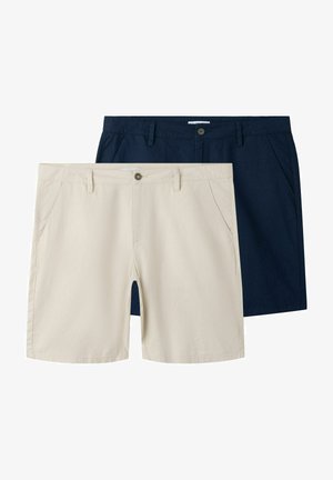 To par herre-casual shorts, en beige og en marineblå, sidelommer, bæltestropper, knap- og lynlåslukning.