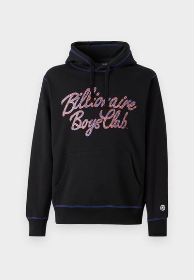 Black hoodie with blue stitching, featuring a large, vibrant "Billionaire Boys Club" logo on the front and a front kangaroo pocket.